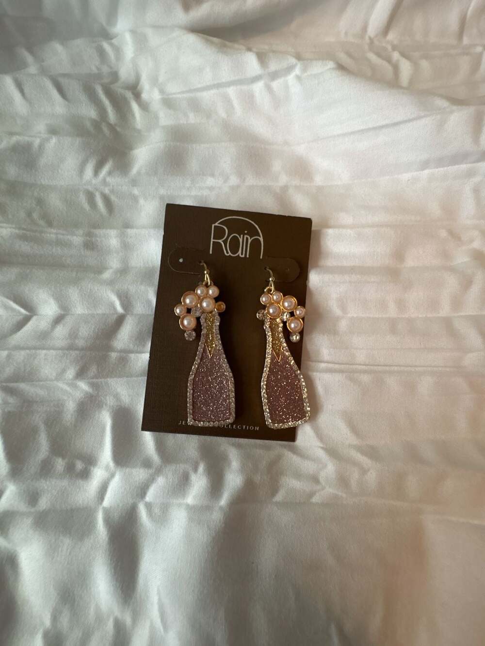 Rain Jewelry Collection Champagne Bottle Dangle Earrings with Rhinestones and Fa